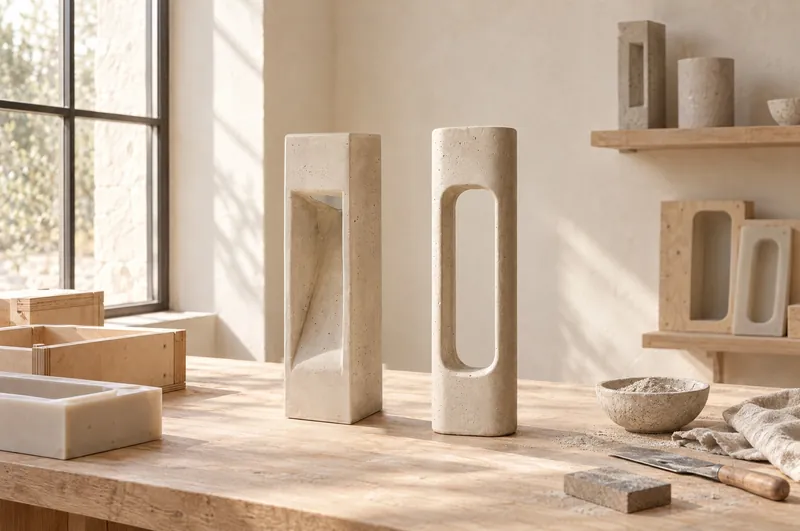NICHE and PORTAL on an oak workbench in the atelier, with moulds and concrete powder