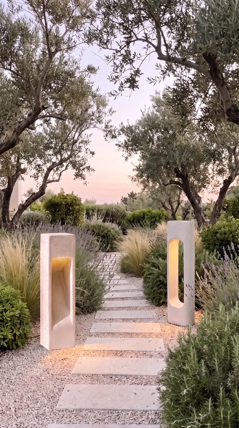 NICHE and PORTAL concrete garden lamps lighting a path between olive trees
