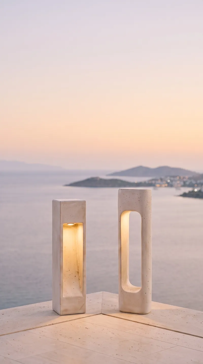 NICHE and PORTAL concrete lights glowing on a sea-view terrace in Bodrum