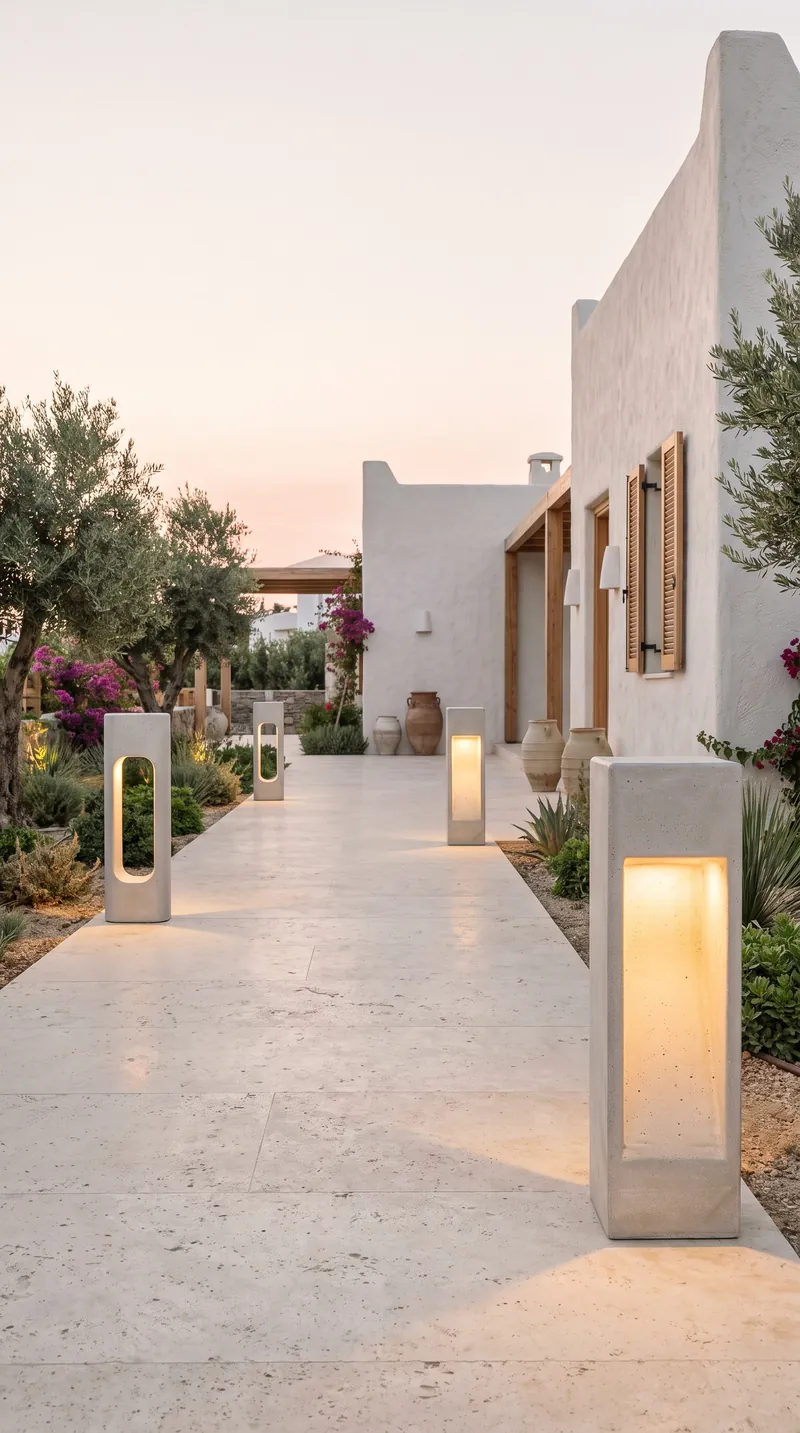 Concrete bollards lighting a whitewashed street with Aegean architecture