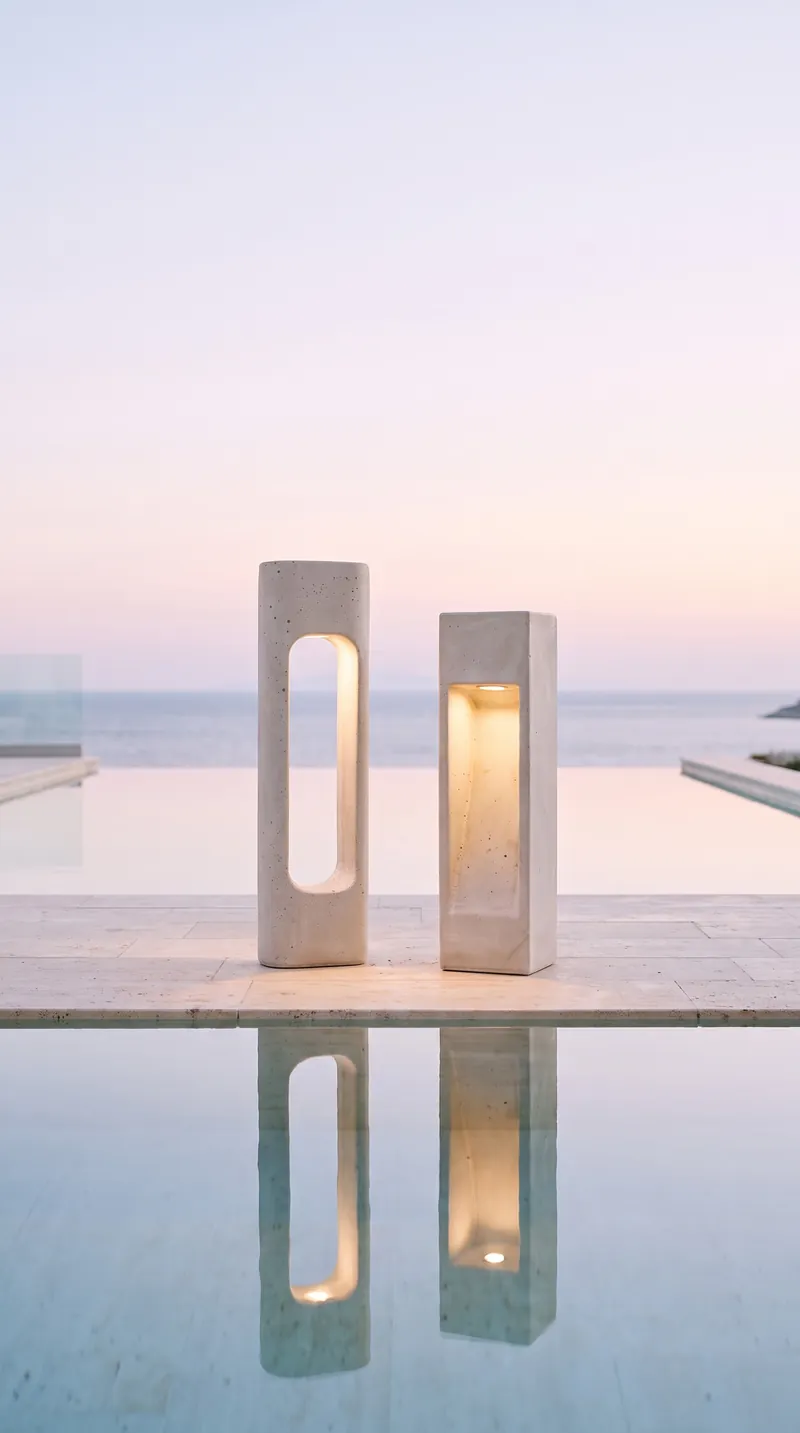 PORTAL and NICHE concrete lights glowing beside an infinity pool