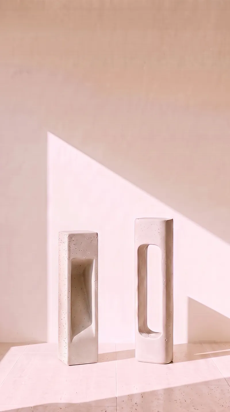NICHE and PORTAL sand-coloured concrete bollard lights in warm daylight