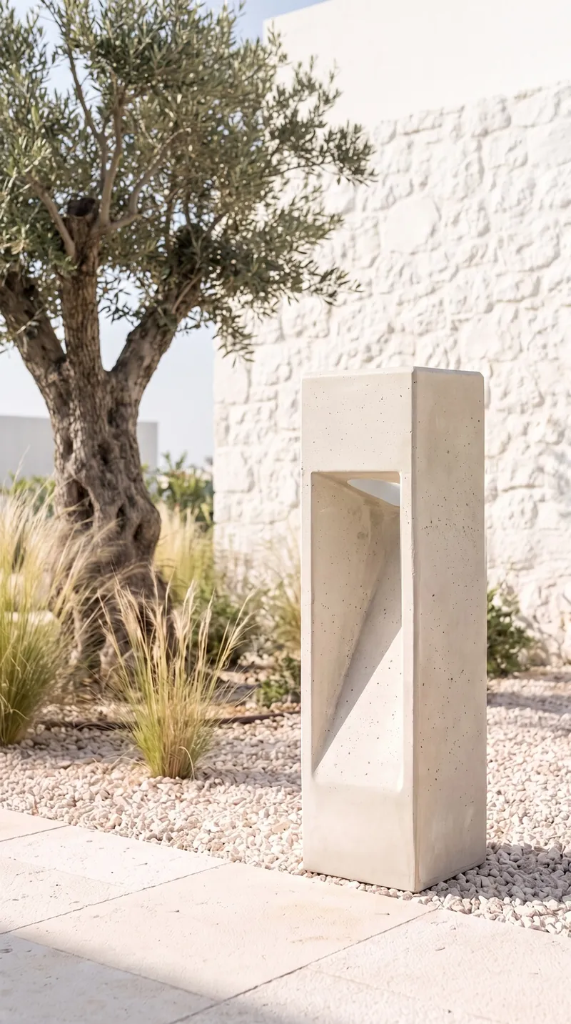 NİŞ beton bahçe lambası, gündüz villa bahçesinde
