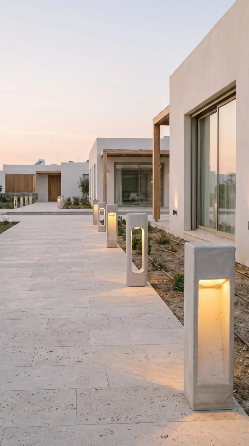Concrete bollards lighting the entrance path of a contemporary villa in Istanbul